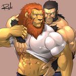  abs alchemist anthro ape arm_hair armpits beard belly biceps big_biceps big_muscles black_eyes black_hair black_nose blush body_hair brown_hair chest_hair chimera claws clothed clothing darius duo facial_hair feline front_view fullmetal_alchemist gorilla hair hairy hand_on_arm hand_on_hip heinkel hi_res hybrid lion male male/male mammal manly mature_male muscular muscular_male nipples one_eye_closed pants pecs pose primate reclamon shirt sideburns simple_background size_difference smaller_male standing t-shirt teeth topless tuft 