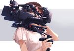  bangs bare_arms blue_eyes breasts brown_hair camera_lens carrying_over_shoulder fingernails hidden_face holding ichikei looking_away medium_breasts one_eye_covered original product_placement short_sleeves simple_background solo sony swept_bangs tv_camera upper_body 