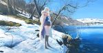 blue_hair boots breasts cape cleavage day forest fur_trim high_heel_boots high_heels highres lake large_breasts long_hair nature original outdoors pleated_skirt scenery skirt snow solo thighhighs tree wayne_chan white_legwear zettai_ryouiki 