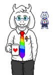  &lt;3 asriel_dreemurr beverage boss_monster caprine clothing cup cute digital_media_(artwork) eyewear frigadae fur glasses goat green_eyes horn long_ears male mammal necktie pants pen pixel_(artwork) rainbow shirt simple_background sprite undertale video_games white_background white_fur 