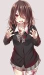  bandages blood bow bowtie brown_hair cardigan claw_pose commentary_request eyepatch fingernails grey_background halloween jewelry long_hair long_sleeves looking_at_viewer miniskirt open_mouth original red_eyes school_uniform simple_background skirt solo yamasuta zombie 
