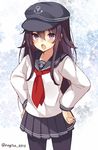  :o akatsuki_(kantai_collection) blush commentary_request cowboy_shot hands_on_hips hat kantai_collection long_hair looking_at_viewer nagisa3710 open_mouth pantyhose pleated_skirt purple_eyes purple_hair sketch skirt solo twitter_username 