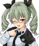  ;d anchovy anzio_school_uniform bespectacled black_neckwear black_ribbon capelet commentary_request drill_hair eyebrows eyebrows_visible_through_hair finger_to_chin girls_und_panzer glasses hair_ribbon kuragari long_hair long_sleeves looking_at_viewer necktie one_eye_closed open_mouth red_eyes ribbon school_uniform simple_background smile solo twintails upper_body 