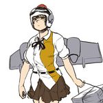  airplane_wing black_hair breasts brown_skirt carrying chanta_(ayatakaoisii) collared_shirt cowboy_shot hair_between_eyes helmet hips large_breasts light_frown looking_at_viewer newspaper paper_stack plump ribbon shameimaru_aya shirt short_hair short_sleeves simple_background skirt solo thighs touhou untucked_shirt white_background white_shirt 