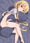  bangs barefoot bed_sheet blonde_hair blush body_pillow bottomless brown_eyes commentary_request from_above futaba_anzu gamuo idolmaster idolmaster_cinderella_girls long_hair looking_at_viewer looking_up low_twintails lying naked_shirt no_panties on_side pillow pillow_hug shirt shirt_lift solo sweat t-shirt twintails very_long_hair 
