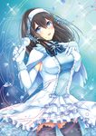  black_hair blue_eyes bow breasts bridal_gauntlets capelet dress elbow_gloves flower gloves hair_ornament hairband idolmaster idolmaster_cinderella_girls kyuunosuke_(lactis09) large_breasts long_hair looking_at_viewer microphone sagisawa_fumika solo thighhighs white_dress white_gloves white_hairband 