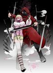  1girl andou_ruruka bad_id bad_pixiv_id beanie black_sclera blonde_hair blue_eyes boots coat danganronpa danganronpa_3 fingerless_gloves fur_trim gas_mask gloves gradient gradient_background hat highres izayoi_sounosuke katana knife kunai long_coat pink_coat pink_hair red_coat red_eyes shimada_(dmisx) short_hair surgical_mask sword weapon 