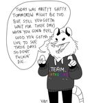  2016 ambiguous_gender anthro clothed clothing drawdroid english_text fingerless_gloves fully_clothed gloves greyscale hi_res hoodie ian_(drawdroid) mammal marsupial monochrome open_mouth opossum quoting rainbow rat_tail sharp_teeth simple_background speech_bubble standing teeth text the_truth tongue white_background 