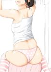  armpits arms_up ass back ball black_hair breasts camisole exercise_ball from_behind head_out_of_frame highres niwatazumi open_mouth original panties polka_dot polka_dot_panties short_hair sitting sketch small_breasts smile solo spaghetti_strap striped striped_legwear thighhighs underwear underwear_only white_background 