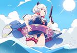  &gt;:( bare_arms blue_sky blue_swimsuit breasts camieux cleavage closed_mouth cloud day draph dynamite from_below frown granblue_fantasy gun handgun holding holding_gun holding_weapon horns innertube large_breasts long_hair low_twintails ocean one-piece_swimsuit outdoors scrunchie silver_hair sky solo sun swimsuit thigh_strap twintails v-shaped_eyebrows wading water weapon yellow_eyes yoru_(yoruyonaka) 