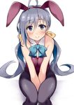  adapted_costume ahoge animal_ears arms_between_legs bare_arms bare_shoulders between_legs black_legwear blue_hair blush bow bowtie breasts bunny_ears bunnysuit detached_collar eyebrows eyebrows_visible_through_hair fake_animal_ears grey_eyes grey_hair hair_between_eyes hairband hand_between_legs kantai_collection kiyoshimo_(kantai_collection) kusano_(torisukerabasu) leotard long_hair looking_at_viewer low_twintails multicolored_hair pantyhose purple_hairband purple_leotard silver_hair simple_background sitting small_breasts smile solo twintails v_arms very_long_hair white_background 