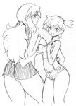  2girls arm_behind_back bare_arms bare_shoulders blush breasts elite_four glasses gym_leader hand_on_breast kanna_(pokemon) kasumi_(pokemon) koutarosu large_breasts long_hair miniskirt multiple_girls open_mouth pokemon pokemon_(anime) pokemon_(game) pokemon_frlg ponytail short shorts sketch skirt sleeveless suspenders uncolored 