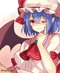  ;) ascot bat_wings blue_hair commentary_request hat index_finger_raised looking_at_viewer mob_cap nagisa3710 one_eye_closed pointy_ears red_eyes remilia_scarlet short_hair sketch smile solo touhou wings 