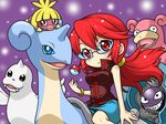  1girl bare_arms bare_shoulders blue_eyes blue_skirt bracelet breasts cloyster dewgong elite_four glasses kanna_(pokemon) lapras large_breasts long_hair miniskirt pokeball pokemon pokemon_(game) pokemon_frlg ponytail red_eyes red_hair sitting skirt sleeveless slowbro snow 