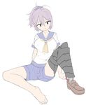  aoba_(kantai_collection) bare_legs barefoot blue_eyes blue_scrunchie brown_footwear commentary_request full_body kantai_collection loafers messy_hair neckerchief open_mouth ponytail prosthesis prosthetic_leg purple_hair school_uniform scrunchie serafuku shoes short_sleeves shorts simple_background single_shoe solo unadare white_background 