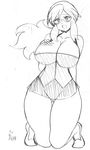  1girl arm_behind_back bare_arms bare_shoulders blush breasts cleavage elite_four glasses hand_on_ass hand_on_breast high_heels kanna_(pokemon) koutarosu large_breasts long_hair miniskirt open_mouth pokemon pokemon_(game) pokemon_frlg ponytail sketch skirt sleeveless uncolored 