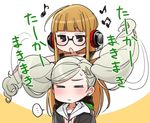  brown_hair closed_eyes earrings glasses grey_hair headphones hizuki_akira jewelry multiple_girls persona persona_5 playing_with_another's_hair sakura_futaba takamaki_anne translated twintails 