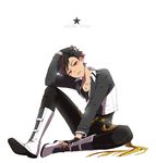  black_gloves black_hair boots character_name ensemble_stars! fingerless_gloves full_body gloves hand_in_hair hand_on_foot jacket liusang male_focus multicolored_hair nagumo_tetora red_eyes ringed_eyes sitting solo star streaked_hair tongue tongue_out 