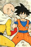  bald black_hair cape commentary_request dougi dragon_ball grin highres marker_(medium) mehonobu_g multiple_boys one-punch_man saitama_(one-punch_man) smile son_gokuu traditional_media 