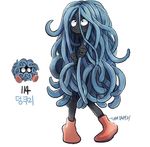  artist_name black_skin blue_hair boots character_name gen_1_pokemon looking_up personification pokemon pokemon_(creature) simple_background solo tamtamdi tangela tentacle_hair white_background 