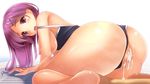  all_fours bad_id bad_pixiv_id breasts breasts_outside cum from_behind hair_ornament hairclip looking_back neko_neko_koneko one-piece_swimsuit open_mouth original penis purple_hair pussy swimsuit 