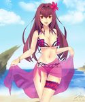  2016 absurdres beach bikini bracelet breasts cleavage dated day fate/grand_order fate_(series) flower hair_flower hair_ornament hibiscus highres jan_(kmw808) jewelry large_breasts leg_garter long_hair looking_at_viewer midriff navel ocean open_mouth purple_hair purple_sarong red_eyes sarong sarong_lift scathach_(fate)_(all) scathach_(swimsuit_assassin)_(fate) signature solo swimsuit thigh_gap 
