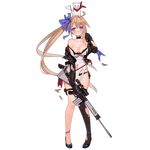  ahoge battle_rifle black_legwear blonde_hair blue_bow blue_eyes blush bow breasts choker cleavage embarrassed fal_(girls_frontline) fn_fal full_body girls_frontline gun hair_bow jacket large_breasts light_smile long_hair long_sleeves looking_at_viewer navel off_shoulder official_art ribbon rifle scope side_ponytail single_thighhigh solo standing suisai thigh_strap thighhighs transparent_background very_long_hair weapon 