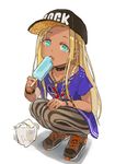  aqua_eyes baseball_cap blonde_hair bracelet chain choker clothes_writing dark_skin eating food from_above hat highres ice_cream idolmaster idolmaster_cinderella_girls jewelry layla_(idolmaster) lock long_hair looking_at_viewer looking_up madaragi necklace open_mouth padlock pantyhose popsicle shoes sneakers solo squatting striped striped_legwear vertical-striped_legwear vertical_stripes 