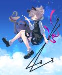  1girl ahoge animal animal_ears basket black_dress black_footwear bloomers blue_sky blush cloud day dowsing_rod dress from_side full_body grey_hair hand_up holding iris_anemone jewelry looking_away midair mouse mouse_ears mouse_tail nazrin necklace outdoors pendant pink_eyes pink_ribbon profile ribbon shoes short_hair sky smile socks solo star tail touhou triangle underwear white_legwear 