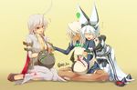  3girls ahoge ankh arc_system_works biting blush bodysuit boots breasts bunny_ears candy cleavage clover clueless cross_necklace dark_skin dress elphelt_valentine eyes_closed fingerless_gloves four-leaf_clover gloves guilty_gear guilty_gear_xrd guilty_gear_xrd:_revelator indian_style jack-o_(guilty_gear) jack-o_valentine jewelry large_breasts leggings lollipop long_hair lucifero multicolored_hair multiple_girls open_mouth platinum_blonde ramlethal_valentine re_2n red_eyes red_hair school_uniform shiny shiny_clothes shiny_hair shiny_skin shoes short_hair silver_hair simple_background sitting smile spiked_bracelet spiked_collar spikes thigh_boots tongue tongue_out translation_request wariza white_hair yellow_background 