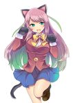  animal_ears aqua_eyes blazer boots bow cat_ears cat_tail cross-laced_footwear gloves hashimoto_nyaa highres jacket lace-up_boots long_hair mako_dai_ni-dai multicolored_hair osomatsu-san paw_gloves paw_pose paws pink_hair pleated_skirt ribbon school_uniform simple_background skirt solo standing streaked_hair tail white_background yellow_ribbon 