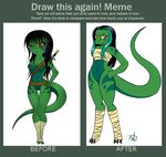  anthro bandage before_and_after black_hair bottomless breasts clawdia_(mekachii) clothed clothing featureless_breasts featureless_crotch female green_belly green_body hair hand_on_hip leg_markings long_hair markings mekachii one_eye_closed red_eyes reverse_countershading scalie smile solo thick_tail wide_hips 