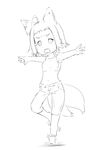  ahoge animal_ears balancing chibi denim fox_ears fox_tail greyscale highres jeans monochrome multiple_tails navel niwatazumi open_mouth original outstretched_arms pants short_hair sidelocks sketch solo spread_arms strapless tail tubetop white_background 
