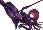  bangs bodysuit breasts covered_navel fate/grand_order fate_(series) gae_bolg gloves hair_between_eyes hair_intakes holding holding_weapon kazuma_muramasa large_breasts long_hair looking_at_viewer lying purple_bodysuit purple_hair red_eyes scathach_(fate)_(all) scathach_(fate/grand_order) shoulder_armor simple_background smile solo spaulders thighhighs weapon white_background 