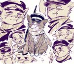  animalization artist_request cat character_sheet eating golden_kamuy hat no_humans partially_colored peaked_cap rifle scar sugimoto_saichi weapon white_background 