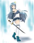  1girl alternate_hair_length blue_eyes blue_hair blush boots hair_ornament long_hair magical_girl mahou_shoujo_madoka_magica miki_sayaka open_mouth skirt solo sword teina thighhighs zettai_ryouiki 