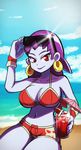  bikini blue_skin breasts cleavage cloud cocktail_umbrella day drink eyewear_on_head hair_down highres large_breasts light_smile lipstick long_hair makeup purple_hair purple_lipstick red_bikini red_eyes risky_boots shantae_(series) smile solo sunglasses swimsuit trash_vic tsurime 