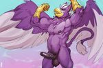  2016 anthro armpits avian balls beak biceps chest_tuft ear_piercing erection feathered_wings feathers gryphon male multicolored_feathers muscular muscular_male mystikfox61 nipple_piercing nipples nude open_mouth pecs penis piercing purple_feathers signature solo spread_wings standing talons tuft two_tone_feathers vein veiny_penis vertigo white_feathers wings 