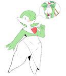  big_breasts blush breast_envy breasts female flat_chested gardevoir green_hair hair handbag nintendo not_furry pok&eacute;mon pok&eacute;morph simple_background slightly_chubby solo superspoe sweat sweatdrop thick_thighs video_games white_background 