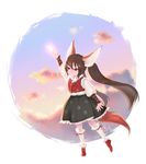  animal_ears black_eyes brown_hair bug butterfly cloud dog_ears elin_(tera) highres insect kneehighs long_hair reaching shirt shoes skirt sky solo standing standing_on_one_leg tail tera_online tiptoes twintails very_long_hair vest white_legwear 