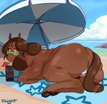  beach bikini brown_hair clothing drinking equine eyewear female feral hair horse lightsource mammal orange_eyes seaside solo stella-chan sunglasses swimsuit towel umbrella 