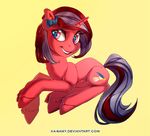  cutie_mark equine eyelashes fan_character female feral fur grey_hair hair hooves horn ka-samy lying mammal my_little_pony nude red_eyes red_fur red_hair red_hooves simple_background smile solo unicorn 
