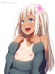  :d bangs blue_eyes blush breasts clothes_pull eyebrows eyebrows_visible_through_hair eyelashes flower hair_flower hair_ornament kantai_collection kurowan long_hair long_sleeves looking_away nipples no_bra one-piece_tan open_mouth pink_flower ro-500_(kantai_collection) silver_hair simple_background small_breasts smile solo sweater sweater_pull tan tanline twitter_username upper_body white_background 