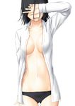  ass_visible_through_thighs black_hair black_panties breasts cleavage commentary_request covered_eyes hand_up highres large_breasts long_sleeves navel niwatazumi no_bra open_clothes open_mouth open_shirt original panties shirt short_hair sketch smile solo underwear white_background 