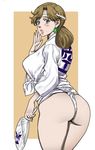  blush breasts brown_hair fan fundoshi green_eyes highres japanese_clothes kanji large_breasts leopard_(artist) lips lipstick long_hair looking_at_viewer looking_to_the_side makeup mature paper_fan shirt simple_background solo tied_shirt uchiwa yamakasa 