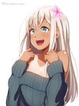  :d bangs blue_eyes blush breasts eyebrows eyebrows_visible_through_hair eyelashes flower hair_flower hair_ornament kantai_collection kurowan long_hair long_sleeves looking_away no_bra off_shoulder one-piece_tan open_mouth pink_flower ro-500_(kantai_collection) silver_hair simple_background small_breasts smile solo sweater tan tanline twitter_username upper_body white_background 