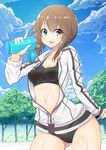  bikini blue_sky blush bottle breasts brown_hair cameltoe cloud covered_nipples day forest hayasui_(kantai_collection) highres holding holding_bottle inu3 jacket kantai_collection loafers long_sleeves looking_at_viewer medium_breasts nature navel open_mouth outdoors round_teeth shoes short_hair silver_eyes sky smile solo sunlight swimsuit swimsuit_under_clothes teeth tongue track_jacket tree twitter_username unzipped water_bottle wet zipper 