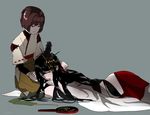  black_hair bodysuit brown_eyes brown_hair commentary_request detached_sleeves fusou_(kantai_collection) grey_background hair_ornament hakama hand_mirror hand_on_another's_leg hand_on_another's_shoulder holding_hands hyuuga_(kantai_collection) japanese_clothes kantai_collection kousetsu_(nonosuke) lap_pillow long_hair lying mirror multiple_girls nontraditional_miko on_stomach red_eyes red_hakama seiza short_hair sitting sketch wide_sleeves yuri 