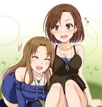  bare_shoulders breasts brown_eyes brown_hair cleavage closed_eyes idolmaster idolmaster_cinderella_girls jewelry large_breasts long_hair matsumoto_sarina medium_breasts mizuki_seira multiple_girls necklace sazaki_hiyoru short_hair smile 