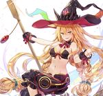  adhesive_bra bare_shoulders blonde_hair bra braid breasts broom cleavage detached_collar green_eyes hair_between_eyes hair_ornament hat highres holding holding_broom kim_eb long_hair looking_at_viewer majo_to_hyakkihei medium_breasts metallica_(majo_to_hyakkihei) midriff navel neck_ribbon open_mouth outstretched_arms pants ribbon smirk solo stomach teeth twin_braids underwear very_long_hair witch witch_hat wrist_cuffs 